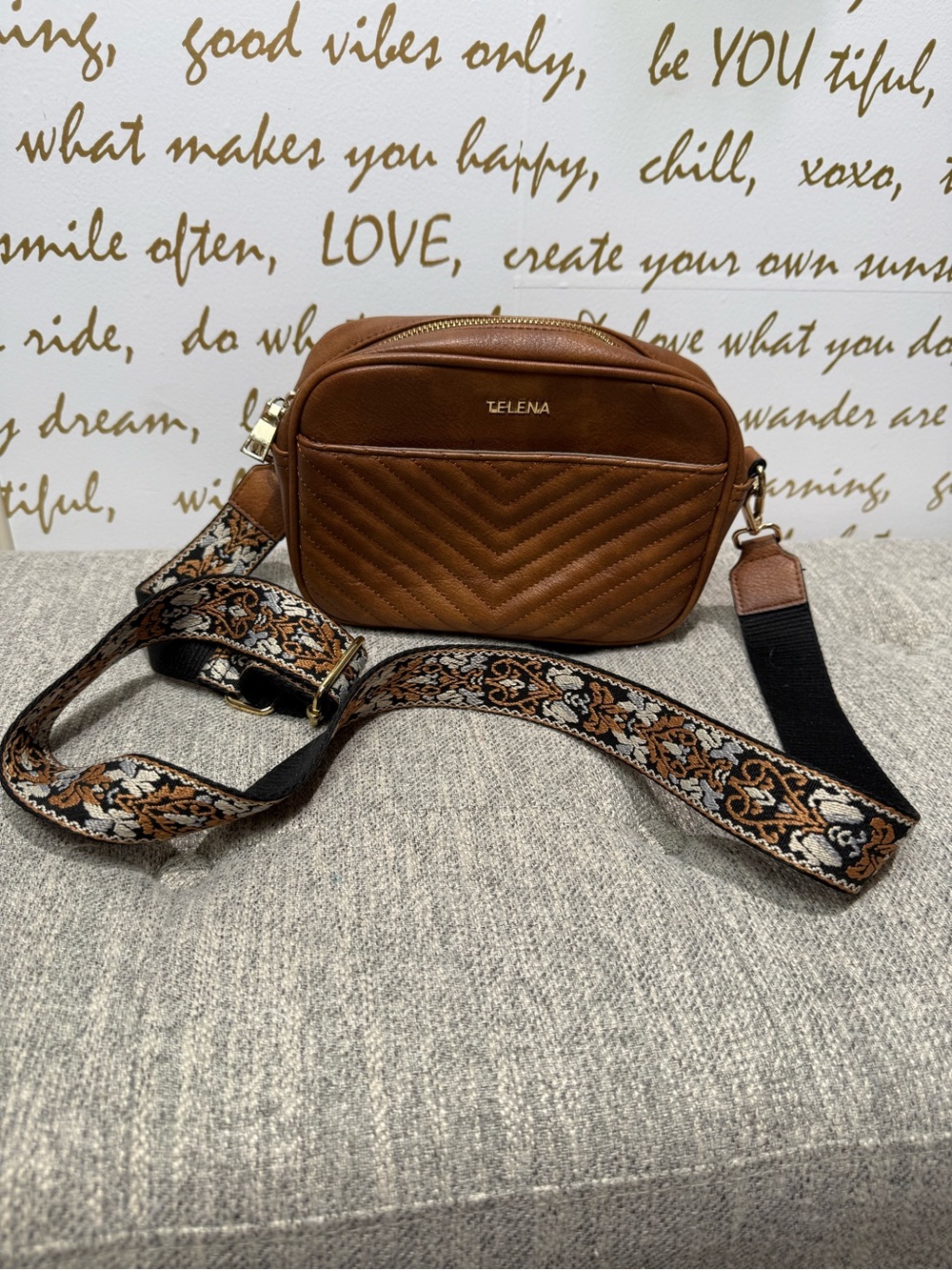 Telena Brown Quilted Vegan Leather Crossbody Bag Wide Guitar Strap
